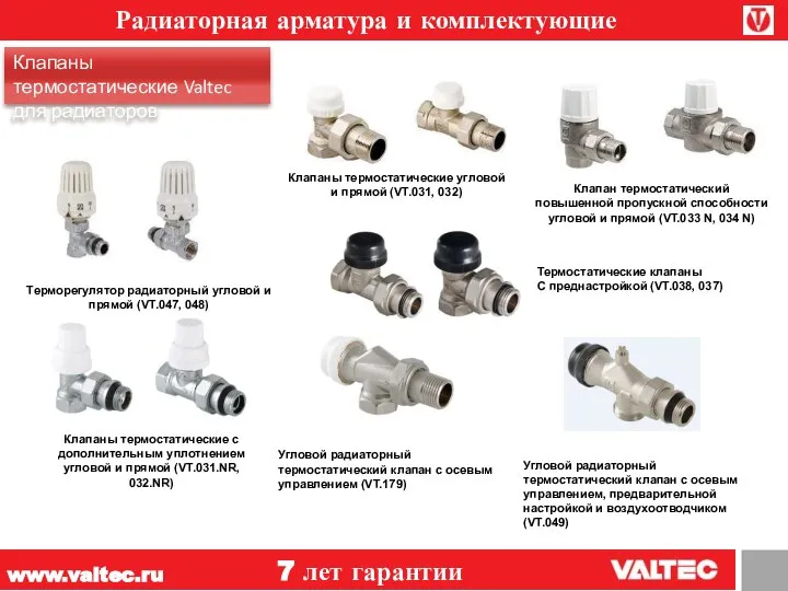 www.valtec.ru 7 лет гарантии Клапаны термостатические угловой и прямой (VT.031, 032) Клапан