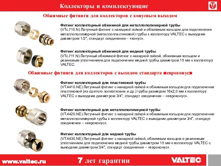 www.valtec.ru 7 лет гарантии Коллекторы и комплектующие Фитинг коллекторный обжимной для металлополимерной