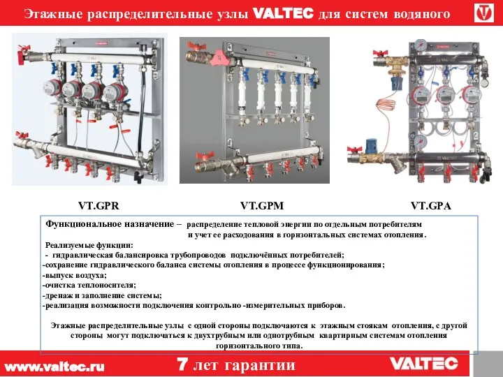 www.valtec.ru 7 лет гарантии Этажные распределительные узлы VALTEC для систем водяного отопления