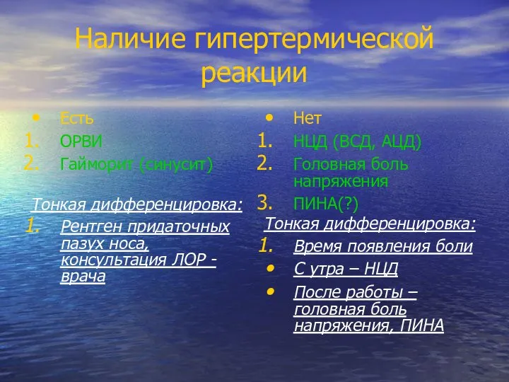 Наличие гипертермической реакции Есть ОРВИ Гайморит (синусит) Тонкая дифференцировка: Рентген придаточных пазух