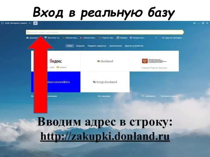 Вход в реальную базу Вводим адрес в строку: http://zakupki.donland.ru