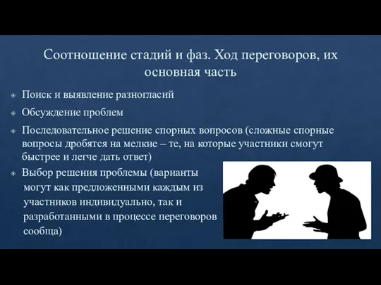 Cоотношение стадий и фаз. Ход переговоров, их основная часть Поиск и выявление