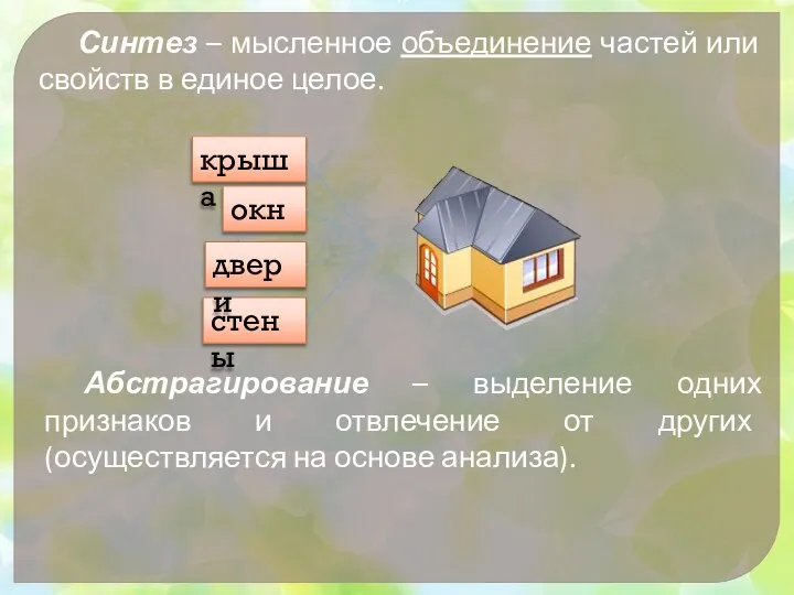 Синтез – мысленное объединение частей или свойств в единое целое. Абстрагирование –