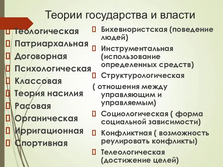 Теории государства и власти Теологическая Патриархальная Договорная Психологическая Классовая Теория насилия Расовая