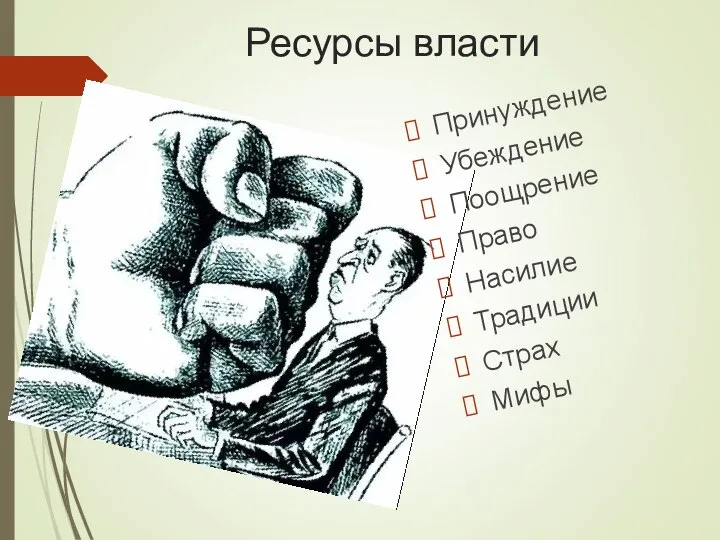 Ресурсы власти Принуждение Убеждение Поощрение Право Насилие Традиции Страх Мифы