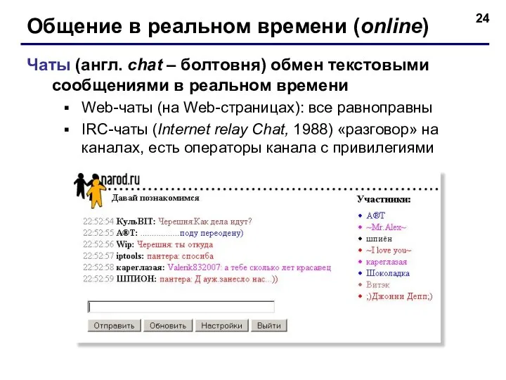 Общение в реальном времени (online) Чаты (англ. chat – болтовня) обмен текстовыми