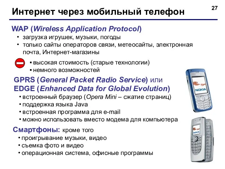 Интернет через мобильный телефон WAP (Wireless Application Protocol) загрузка игрушек, музыки, погоды