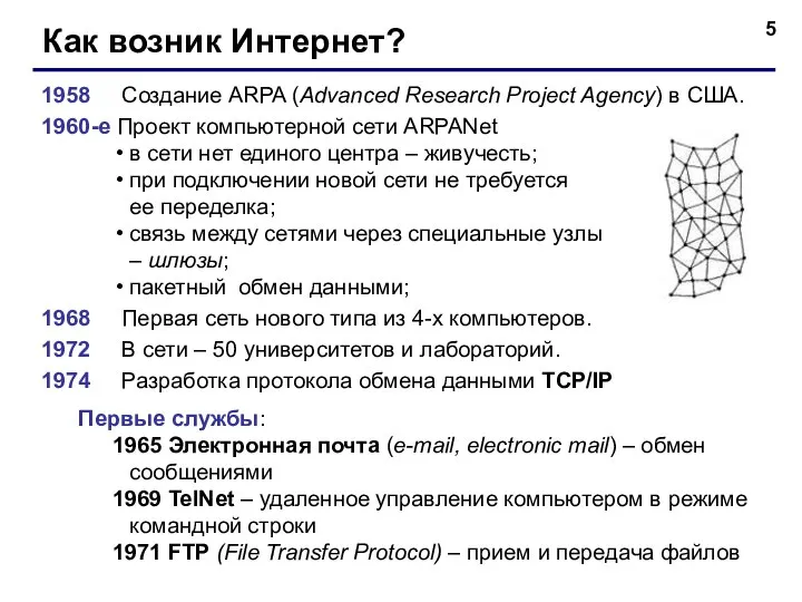 Как возник Интернет? 1958 Создание ARPA (Advanced Research Project Agency) в США.