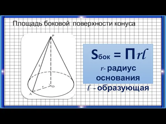 Площадь боковой поверхности конуса Sбок = Пrl r- радиус основания l - образующая