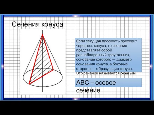 Сечения конуса Если секущая плоскость проходит через ось конуса, то сечение представляет