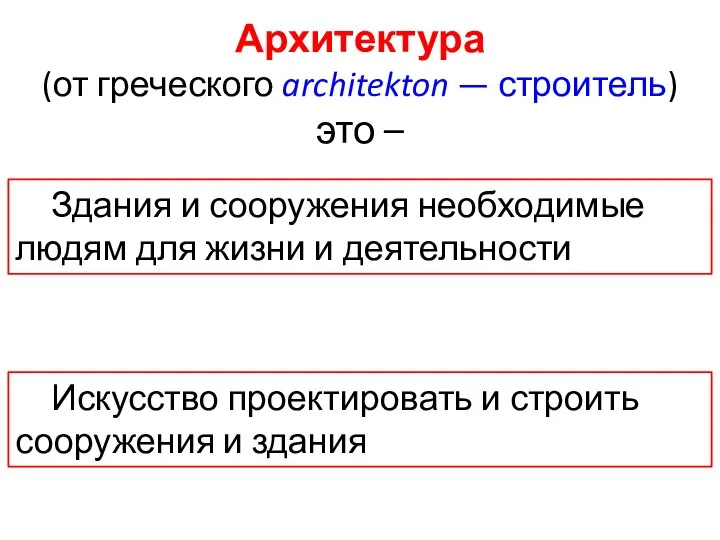 Архитектура (от греческого architekton — строитель) это – Здания и сооружения необходимые