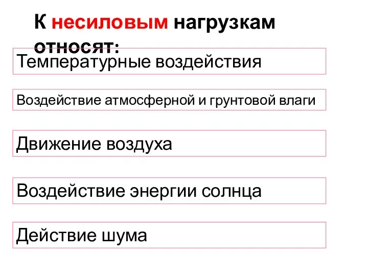 К несиловым нагрузкам относят: Температурные воздействия Воздействие атмосферной и грунтовой влаги Движение