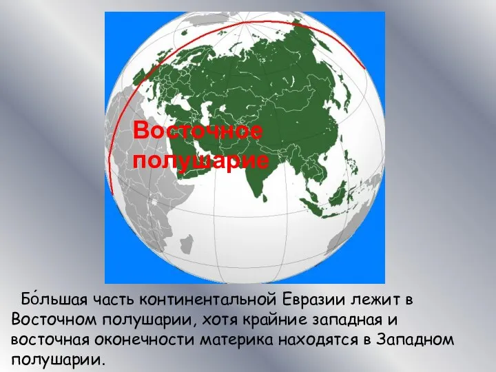 Бо́льшая часть континентальной Евразии лежит в Восточном полушарии, хотя крайние западная и