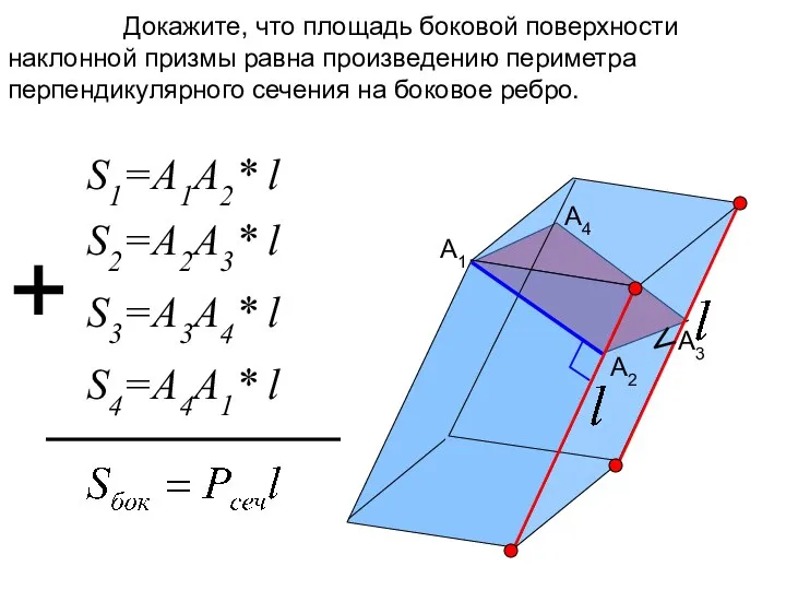 Докажите, что площадь боковой поверхности наклонной призмы равна произведению периметра перпендикулярного сечения