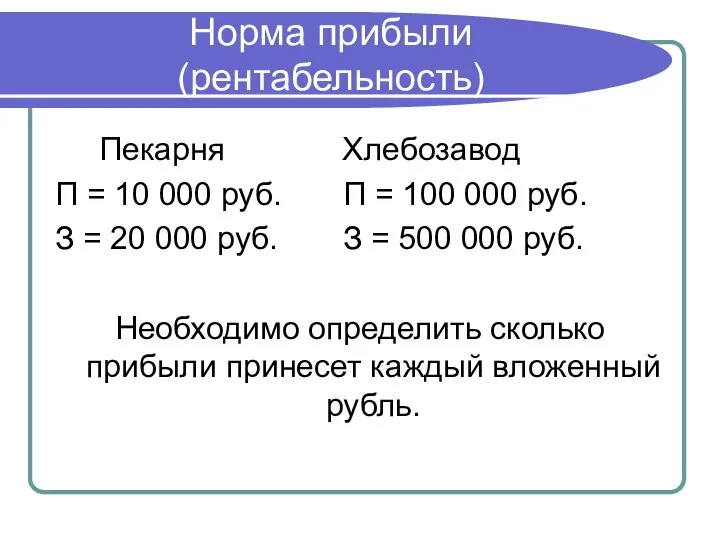 Норма прибыли (рентабельность) Пекарня Хлебозавод П = 10 000 руб. П =