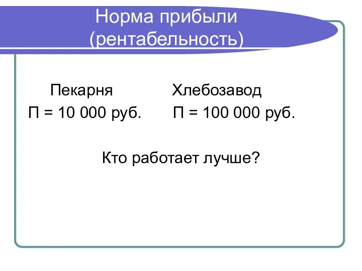 Норма прибыли (рентабельность) Пекарня Хлебозавод П = 10 000 руб. П =