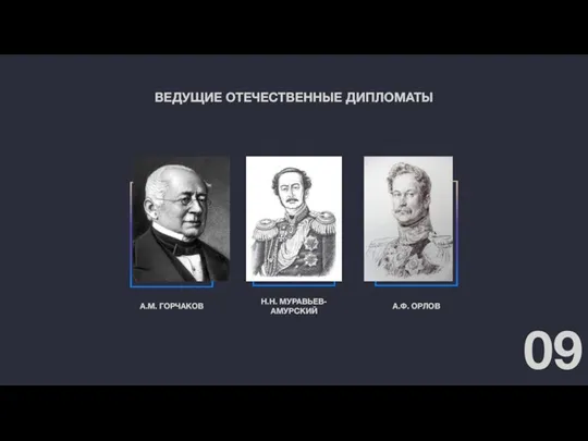 09 ВЕДУЩИЕ ОТЕЧЕСТВЕННЫЕ ДИПЛОМАТЫ А.М. ГОРЧАКОВ Н.Н. МУРАВЬЕВ-АМУРСКИЙ А.Ф. ОРЛОВ