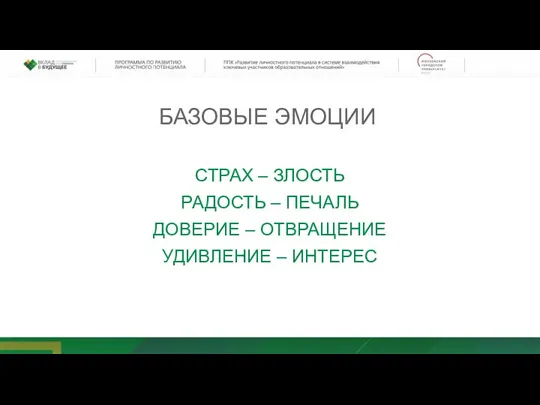 БАЗОВЫЕ ЭМОЦИИ СТРАХ – ЗЛОСТЬ РАДОСТЬ – ПЕЧАЛЬ ДОВЕРИЕ – ОТВРАЩЕНИЕ УДИВЛЕНИЕ – ИНТЕРЕС