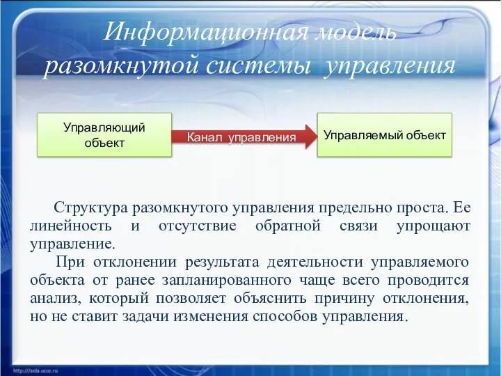 Информационная модель разомкнутой системы управления Структура разомкнутого управления предельно проста. Ее линейность