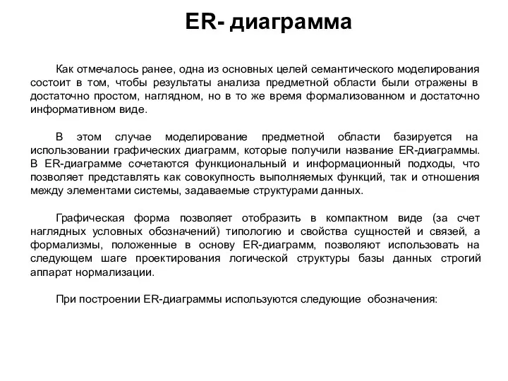 ER- диаграмма Как отмечалось ранее, одна из основных целей семантического моделирования состоит