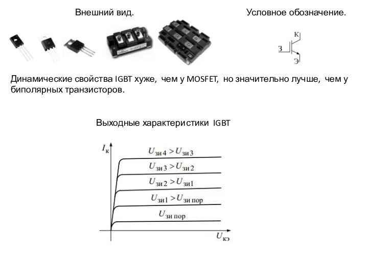 Внешний вид. Условное обозначение. Динамические свойства IGBT хуже, чем у MOSFET, но