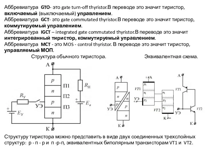 Аббревиатура GTO- это gate turn-off thyristor.В переводе это значит тиристор, включаемый (выключаемый)