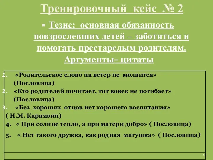 Тренировочный кейс № 2 Тезис: основная обязанность повзрослевших детей – заботиться и