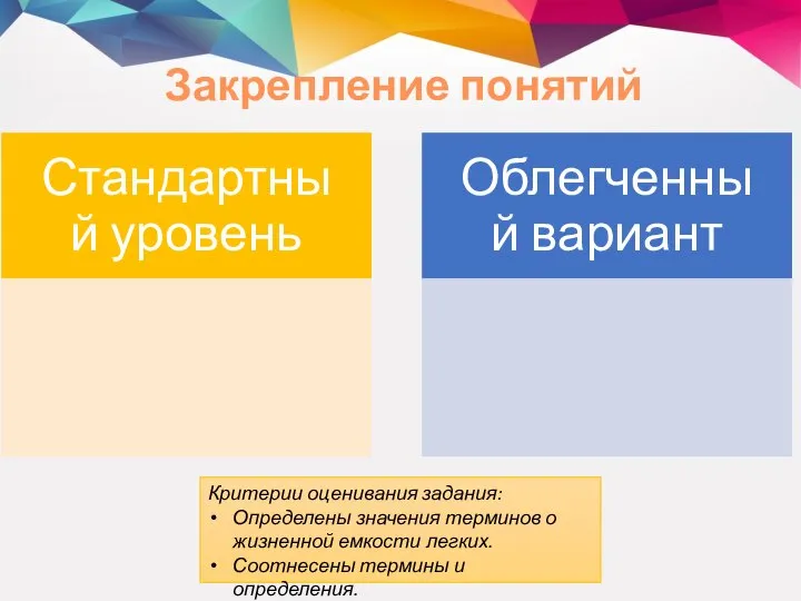 Закрепление понятий Критерии оценивания задания: Определены значения терминов о жизненной емкости легких. Соотнесены термины и определения.