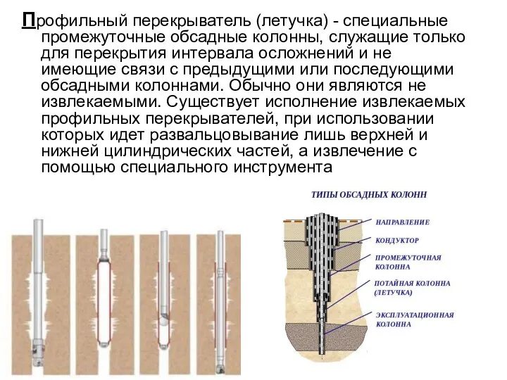 Профильный перекрыватель (летучка) - специальные промежуточные обсадные колонны, служащие только для перекрытия