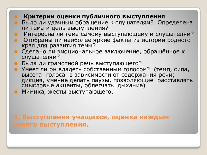 4. Выступления учащихся, оценка каждым своего выступления. Критерии оценки публичного выступления Было