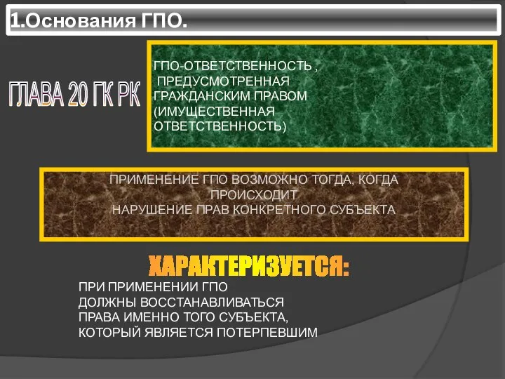 1.Основания ГПО. ГЛАВА 20 ГК РК ГПО-ОТВЕТСТВЕННОСТЬ , ПРЕДУСМОТРЕННАЯ ГРАЖДАНСКИМ ПРАВОМ (ИМУЩЕСТВЕННАЯ