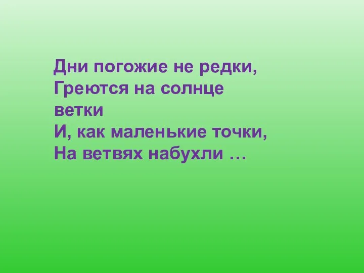 Дни погожие не редки, Греются на солнце ветки И, как маленькие точки, На ветвях набухли …