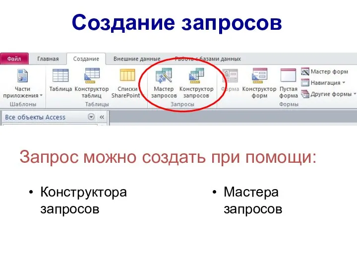 Запрос можно создать при помощи: Конструктора запросов Мастера запросов Создание запросов