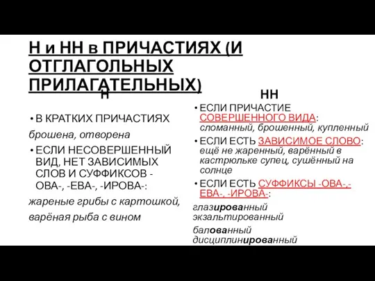 Н и НН в ПРИЧАСТИЯХ (И ОТГЛАГОЛЬНЫХ ПРИЛАГАТЕЛЬНЫХ) Н В КРАТКИХ ПРИЧАСТИЯХ