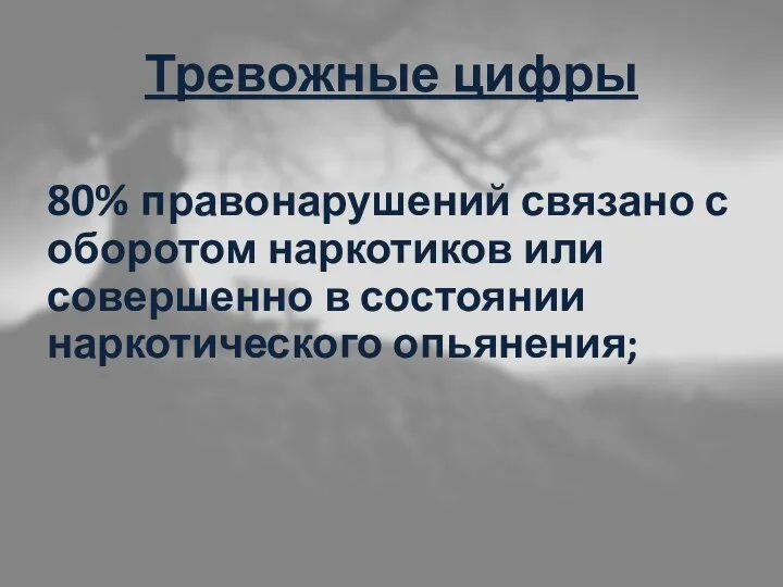 Тревожные цифры 80% правонарушений связано с оборотом наркотиков или совершенно в состоянии наркотического опьянения;