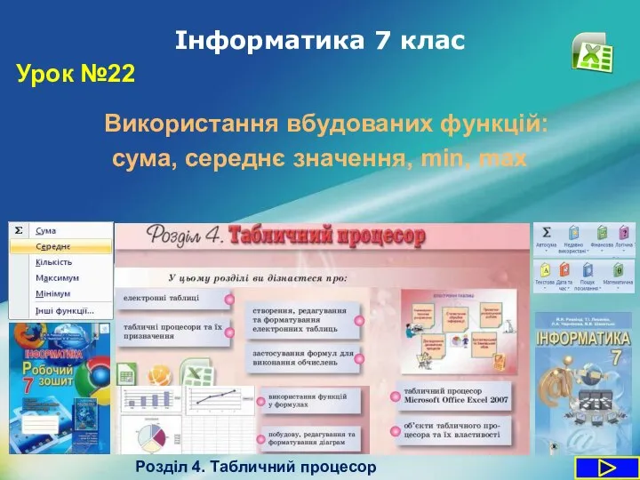 Інформатика 7 клас Урок №22 Розділ 4. Табличний процесор Використання вбудованих функцій: