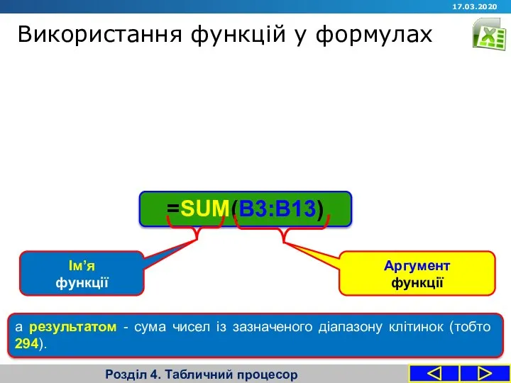 Використання функцій у формулах Розділ 4. Табличний процесор 17.03.2020 =SUM(B3:B13) Ім’я функції