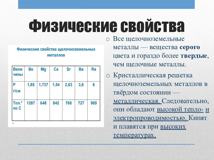 Физические свойства Кристаллическая решетка щелочноземельных металлов в твёрдом состоянии — металлическая. Следовательно,