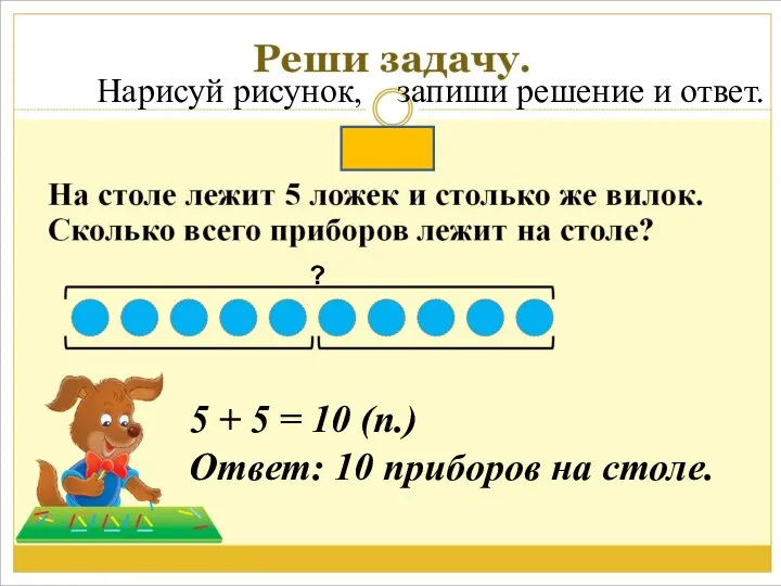 5 + 5 = 10 (п.) Ответ: 10 приборов на столе. ?