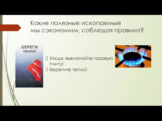 Какие полезные ископаемые мы сэкономим, соблюдая правила? Уходя, выключайте газовую плиту! Берегите тепло!