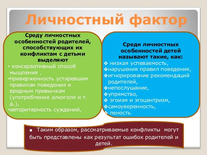 Личностный фактор Среду личностных особенностей родителей, способствующих их конфликтам с детьми выделяют