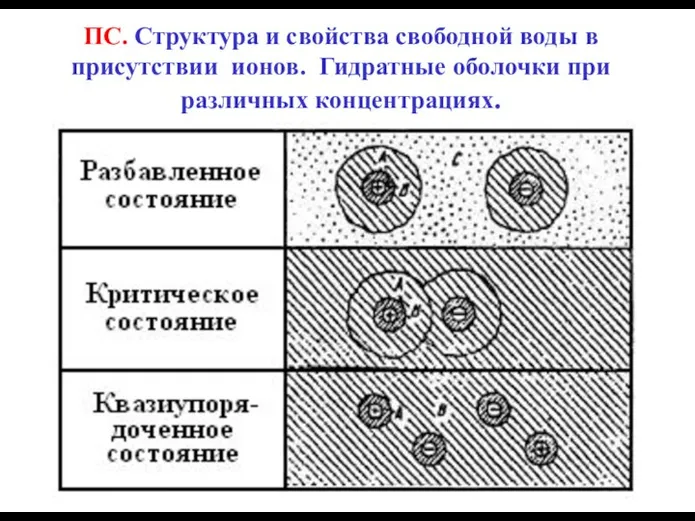 ПС. Структура и свойства свободной воды в присутствии ионов. Гидратные оболочки при различных концентрациях.