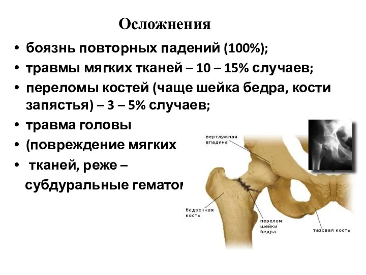 Осложнения боязнь повторных падений (100%); травмы мягких тканей – 10 – 15%