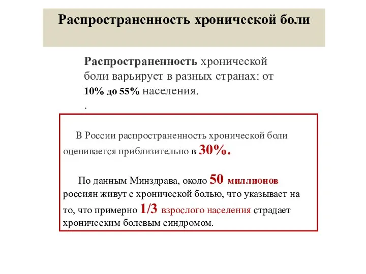 Распространенность хронической боли варьирует в разных странах: от 10% до 55% населения.