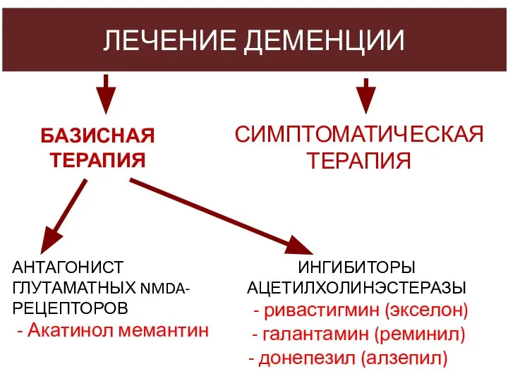 БАЗИСНАЯ ТЕРАПИЯ ЛЕЧЕНИЕ ДЕМЕНЦИИ СИМПТОМАТИЧЕСКАЯ ТЕРАПИЯ АНТАГОНИСТ ГЛУТАМАТНЫХ NMDA-РЕЦЕПТОРОВ - Акатинол мемантин