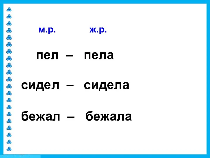 пел – пела сидел – сидела бежал – бежала м.р. ж.р.