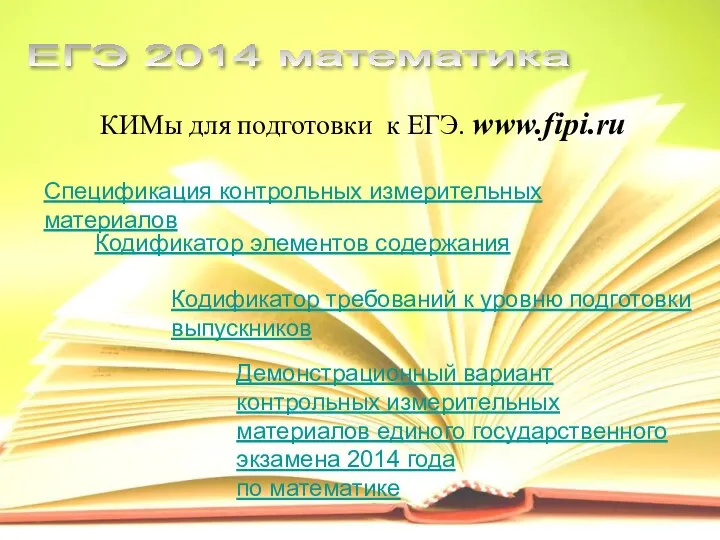 ЕГЭ 2014 математика КИМы для подготовки к ЕГЭ. www.fipi.ru Спецификация контрольных измерительных