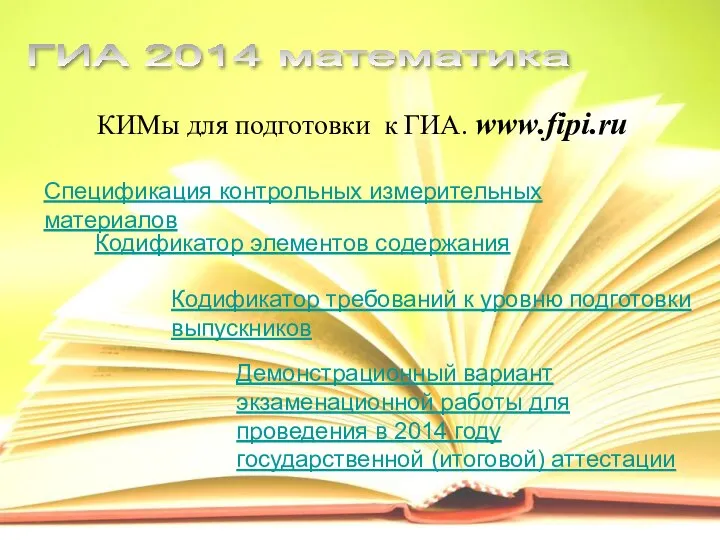 КИМы для подготовки к ГИА. www.fipi.ru ГИА 2014 математика Спецификация контрольных измерительных
