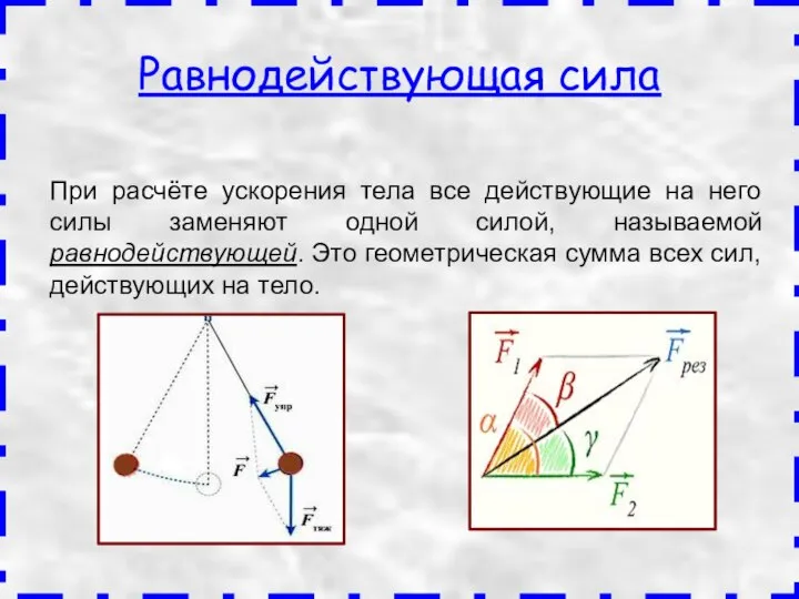 Равнодействующая сила При расчёте ускорения тела все действующие на него силы заменяют