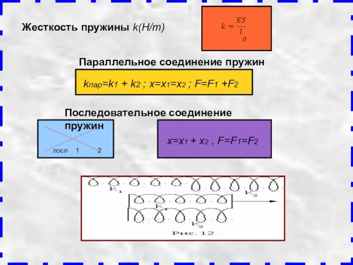 Жесткость пружины k(H/m) Параллельное соединение пружин kпар=k1 + k2 ; x=x1=x2 ;